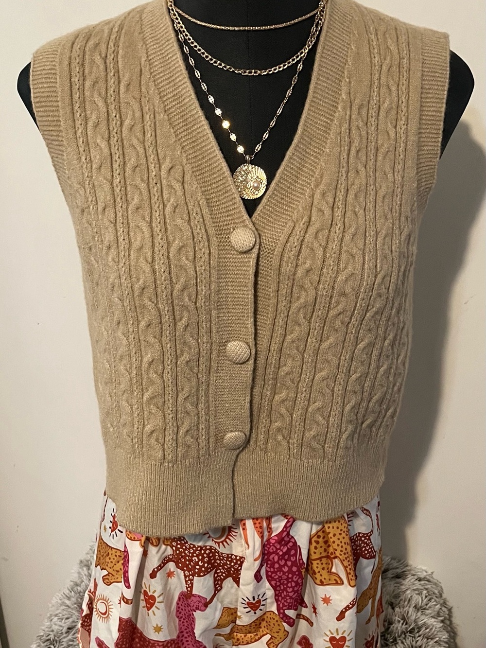 Cable Knit Sleeveless Button-Front Sweater Vest in Camel